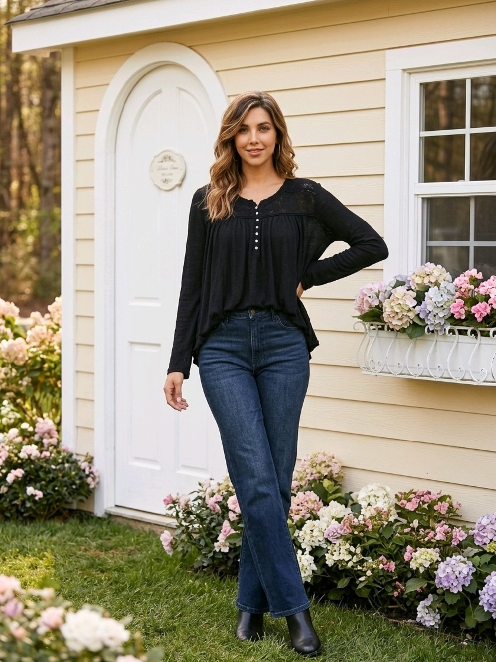 Free People Black Embroidered Long Sleeve Babydoll Blouse